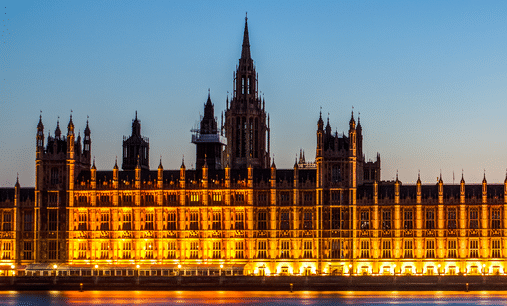 Landscape shot of the House of Lords at night